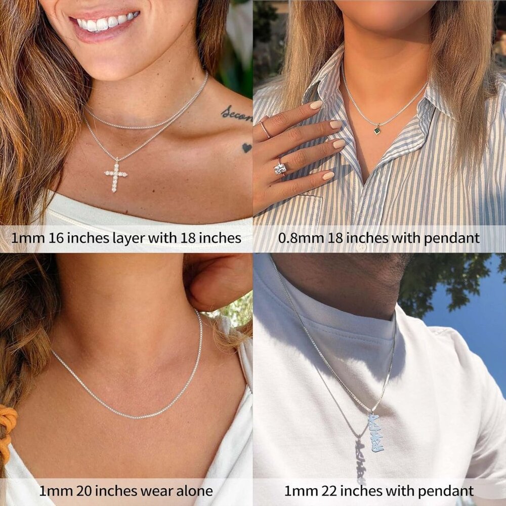 925 Sterling Silver Box Chain Necklace for Women, 1mm 0.8mm Replacement Link Cha - Picture 3 of 9